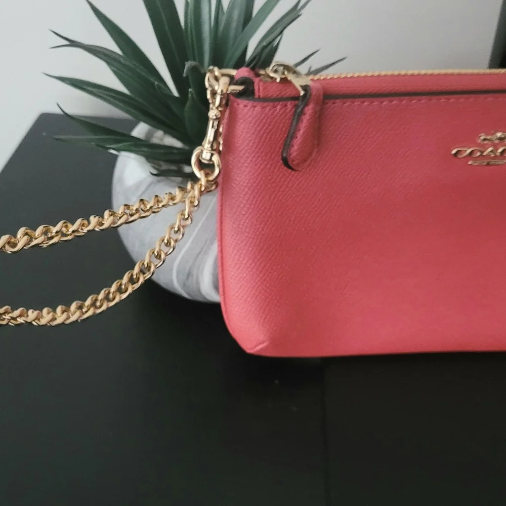 Coach Coral Leather Wristlet with Gold Chain - Picture 3 of 6